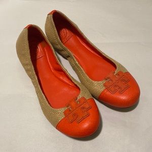 Tory Burch Carita Cap Toe Ballet Flats Raffia Tan & Orange